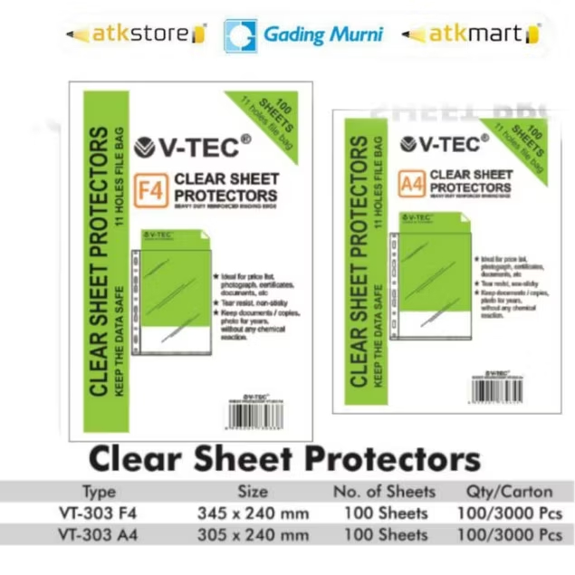 V-Tec Sheet Protector VT 303 A4 F4 1 แพ็ค บรรจุ 100 แผ่น