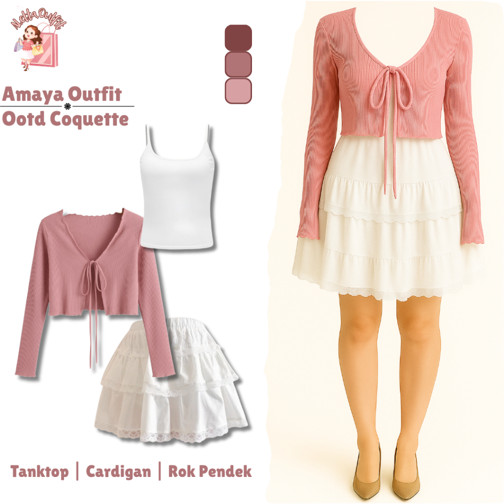 Amaya Outfit 3in1 Set (เสื้อครอปคาร์ดิแกน เสื้อกล้าม กระโปรงสั้น) One Set Coquette | ไปที่4x ปาร์ตี้
