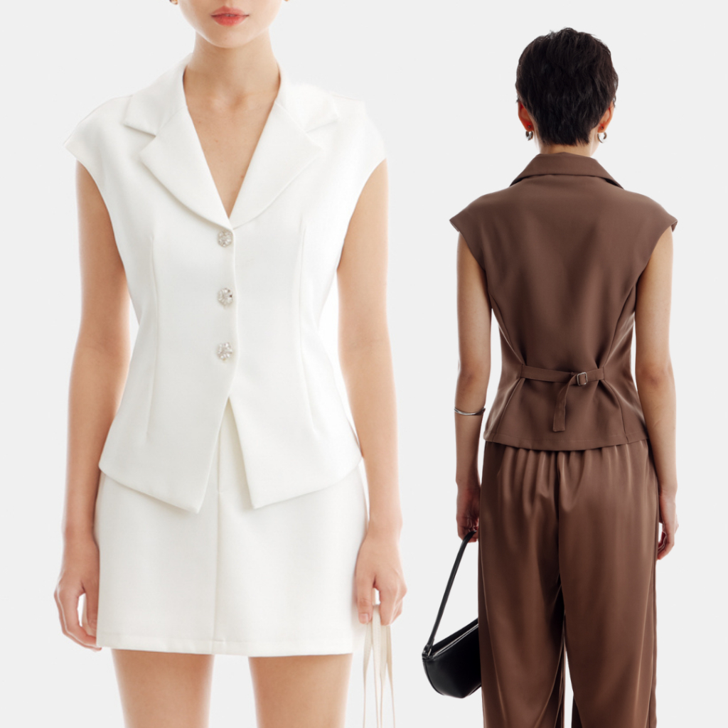 PRUDENCE TOP – OUDRE | ท็อปส์ซูของผู้หญิง | เสื้อกั๊กสตรี | เสื้อกั๊กท็อปแขน | ปุ่มคริสตัล