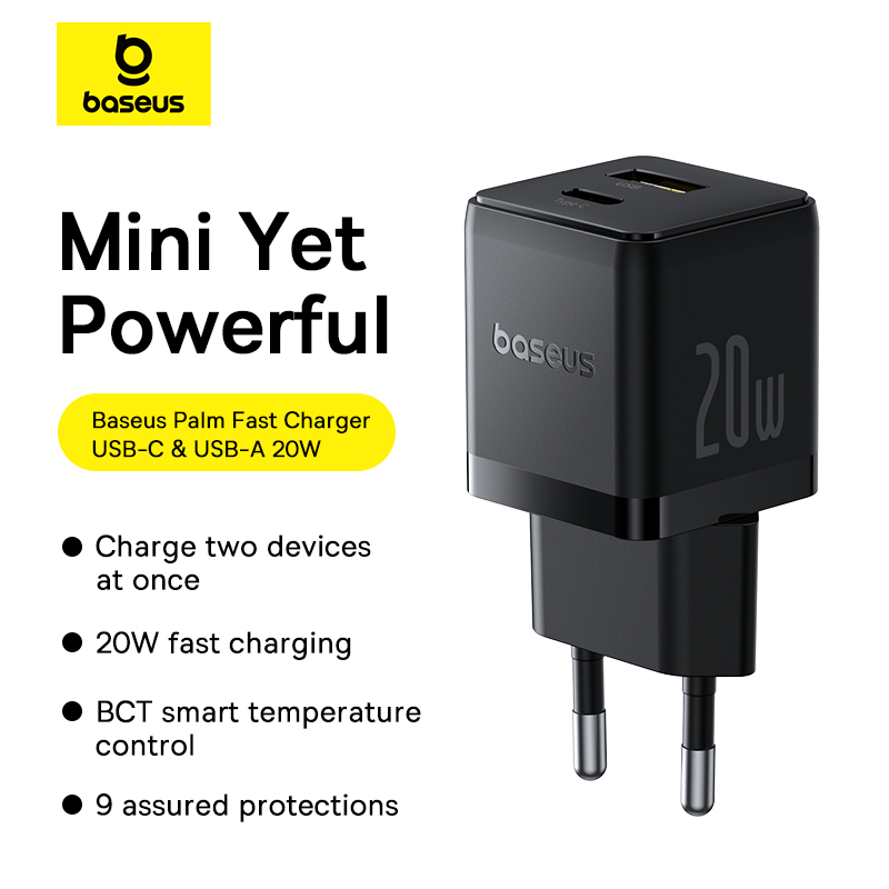 Baseus เครื่องชาร์จเร็ว 20W U+C Type-C + USB PD3.0 QC3.0 มาตรฐาน EU สำหรับ Pad / iP 16 15 14 Pro Max ชาร์จปลอดภัย