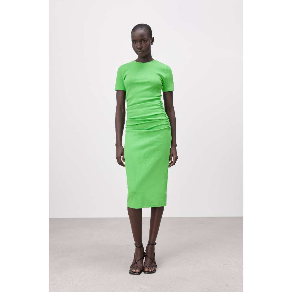 ZARA GREEN RIBBED RUCHED MIDI DRESS