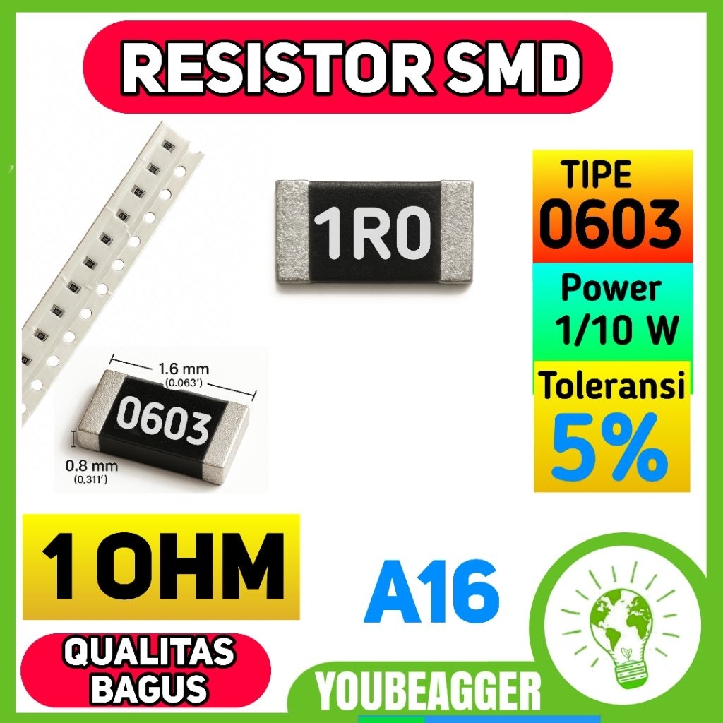 ตัวต้านทาน SMD 1 โอห์ม 1R0 0603 5% 1/10W