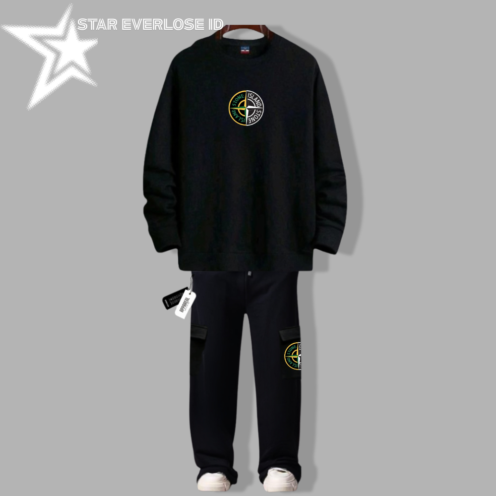 STONE ISLAND Oneset Crewneck Cargo กางเกงผู้ชายผู้หญิง Distro ชุดเสื้อกันหนาว Cargo กางเกงวัสดุขนแกะ