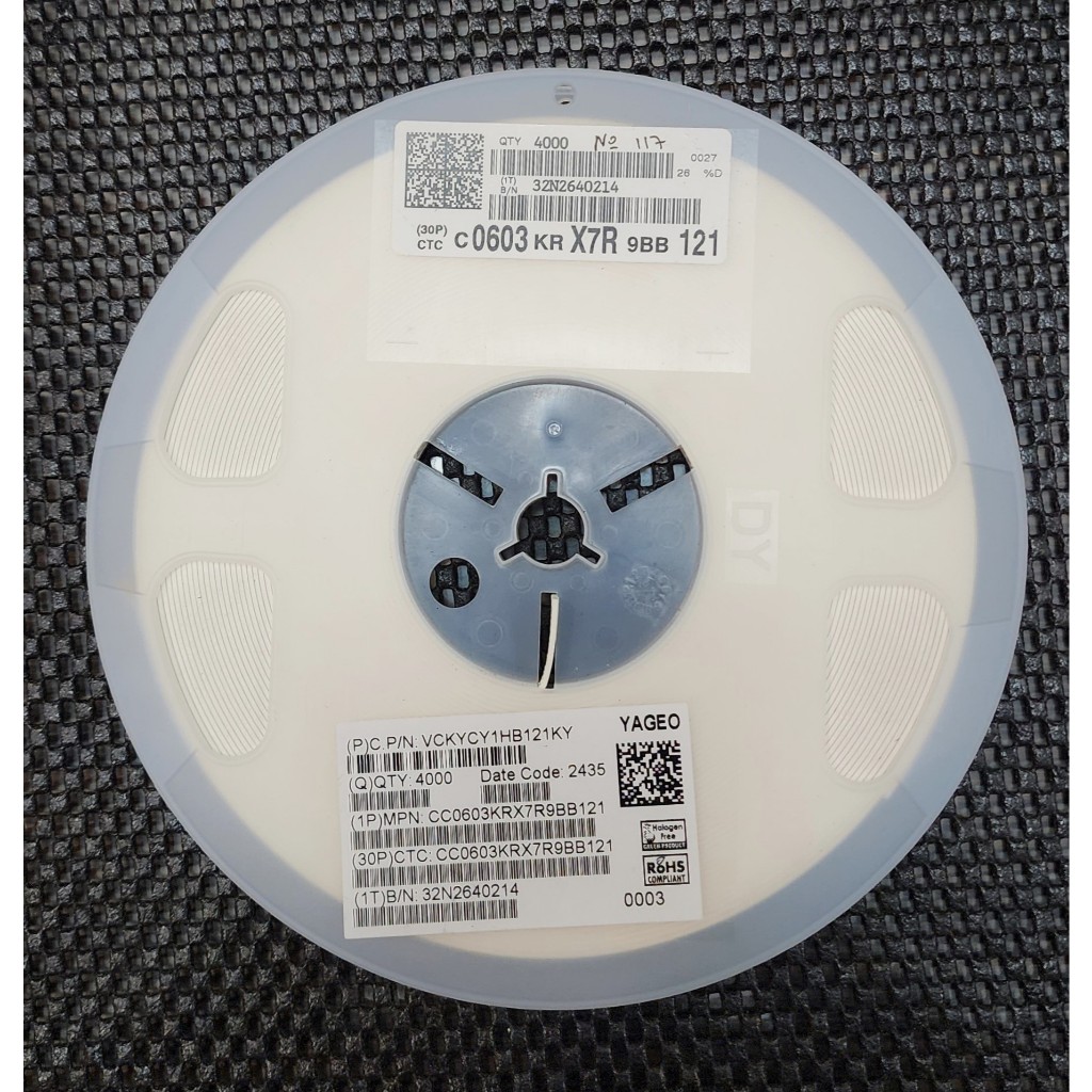 คาปาซิเตอร์ SMD 250V 120pF ± 3% Yageo CC0603KRX7R9BB121 - ราคาต่อ 20 ชิ้น