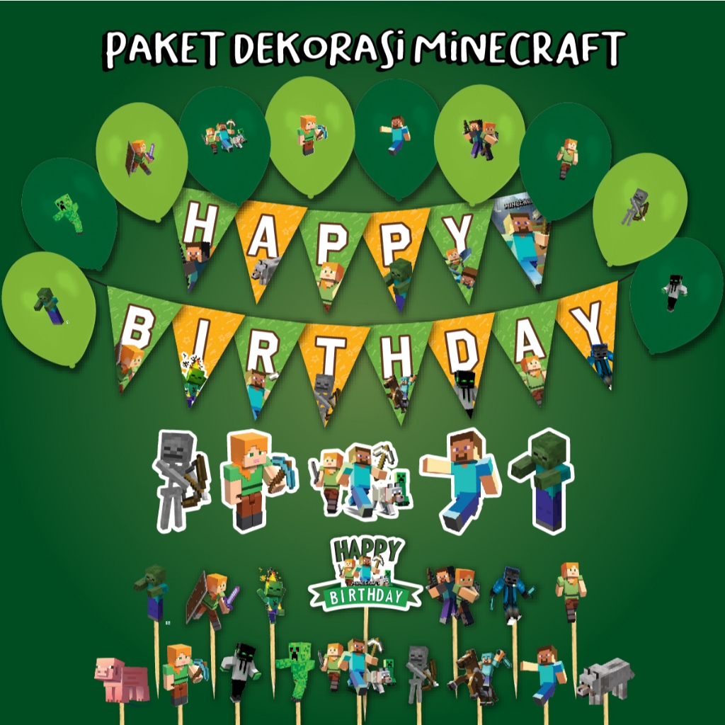 MINECRAFT DECORTATION PACKAGE HAPPY BIRTHDAY HBD BIRTHDAY INVITATION CARD CHILDRENS BIRTHDAY DECORTA