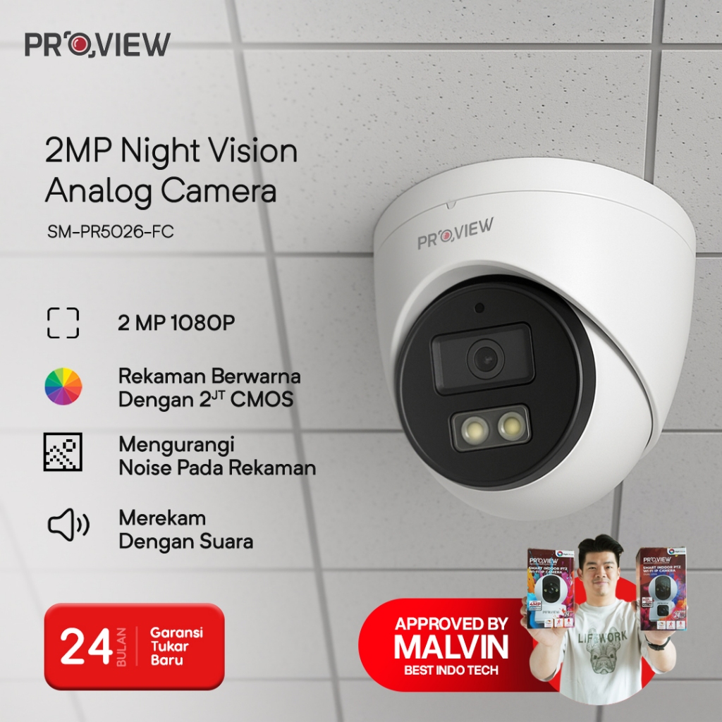 PROVIEW กล้องวงจรปิดในร่ม Analog SM-PR5026-FC 2MP 1080p HD IP66 Night Vision พร้อมเสียง