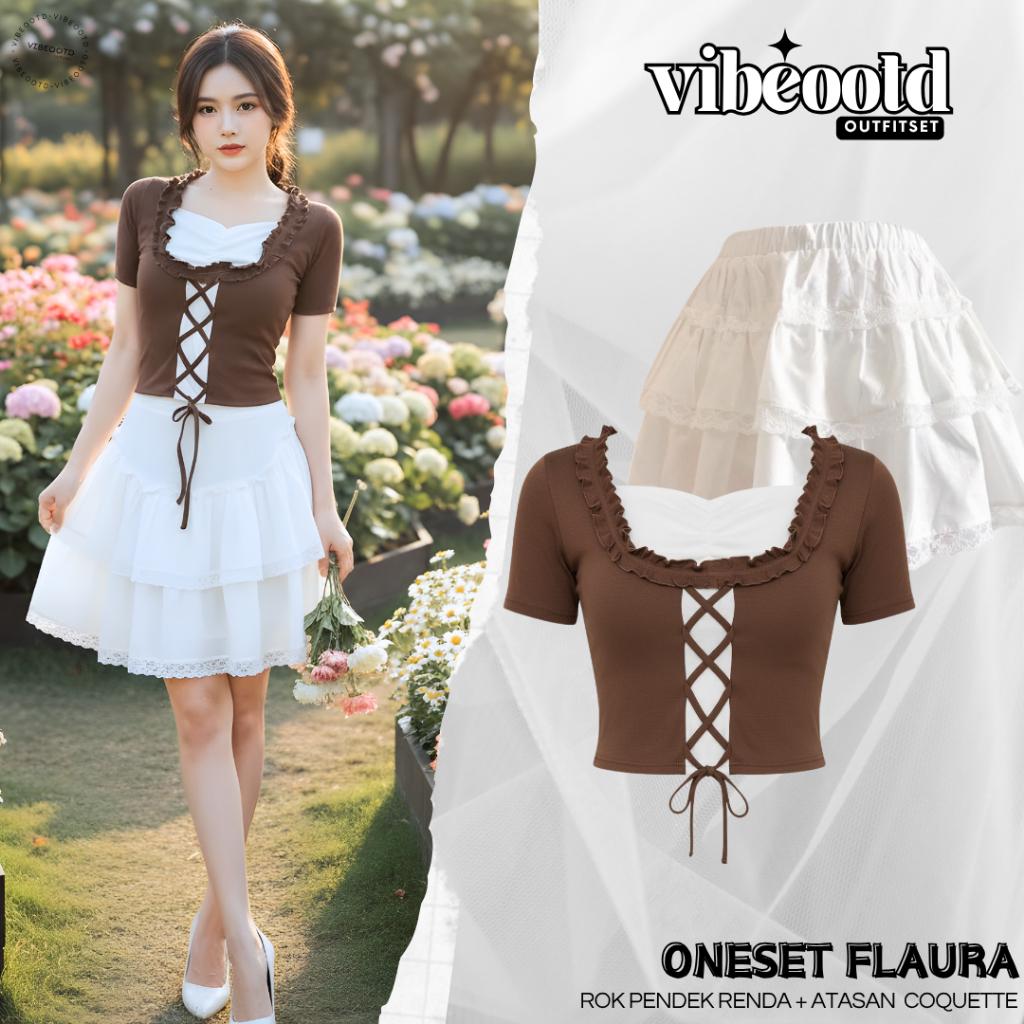 Flaura Outfit Set Women Coquette (กระโปรงสั้นลูกไม้ + เสื้อเบลาส์สาย) Yearbook Simple Aesthetic