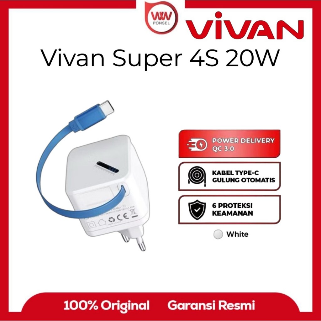 VIVAN Mini Charger Super 4S Integrated Cable Type C 70CM Fast Charging 20W 3A PD QC 3.0