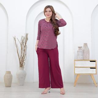 Pp Fashion One Set Kombinasi Setelan Wanita Salur Setcel Kaos Lengan 7/8 Oval Setcel Kulot Wanita