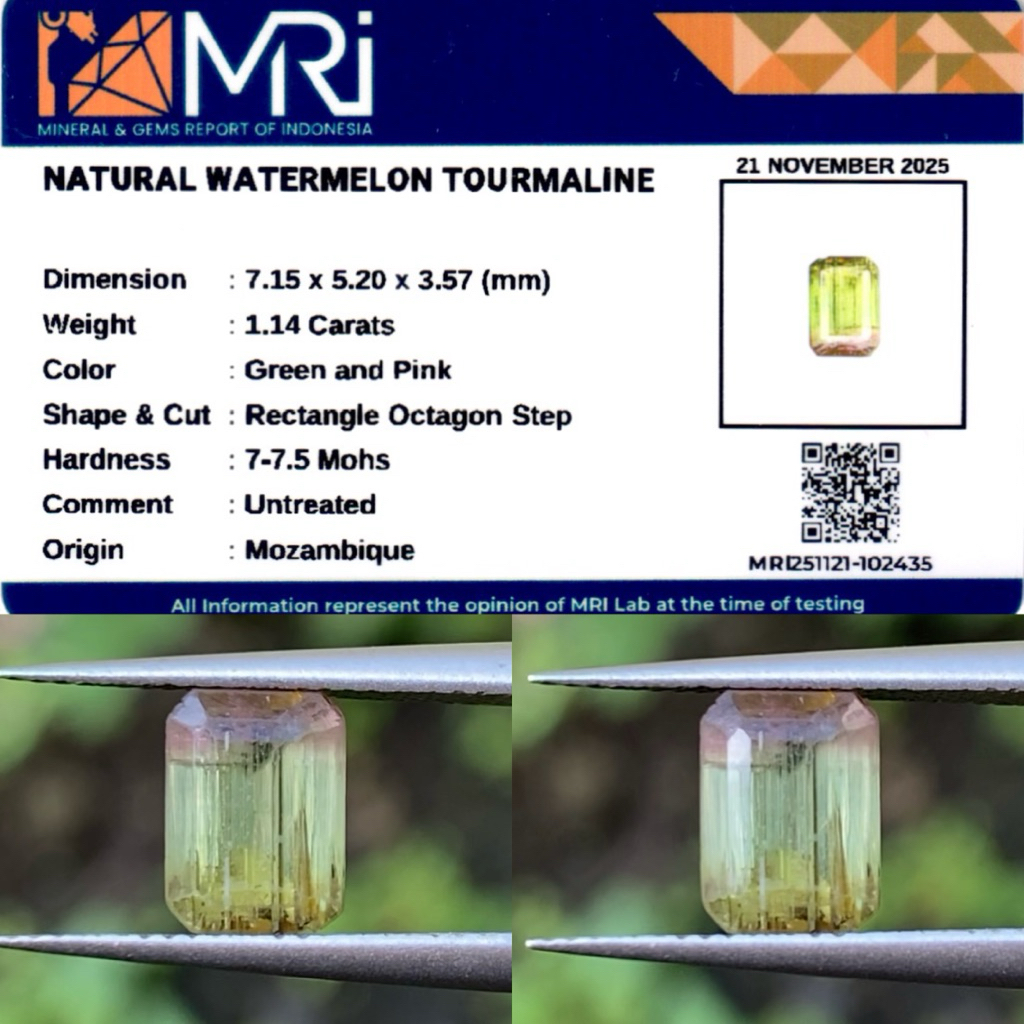 1.14 cs Natural Watermelon Tourmaline origin Mozombique No Treatment Memo MRI