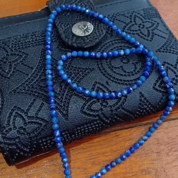 รหัส 193 สร้อยคอหินธรรมชาติ Lapis Lazuli Faceted Mini Bead Necklace (เกรด AA) ±40cm (ลูกปัด ±3mm) + 