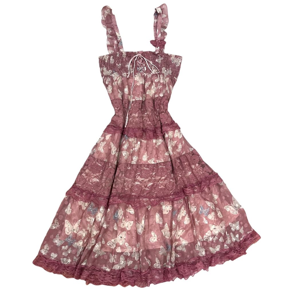Axes Femme Tiered ลูกไม้ผีเสื้อ Lace Up Smock Fairycore Ruffle Dress | Jumpkirt jsk โดยรวม babydoll 