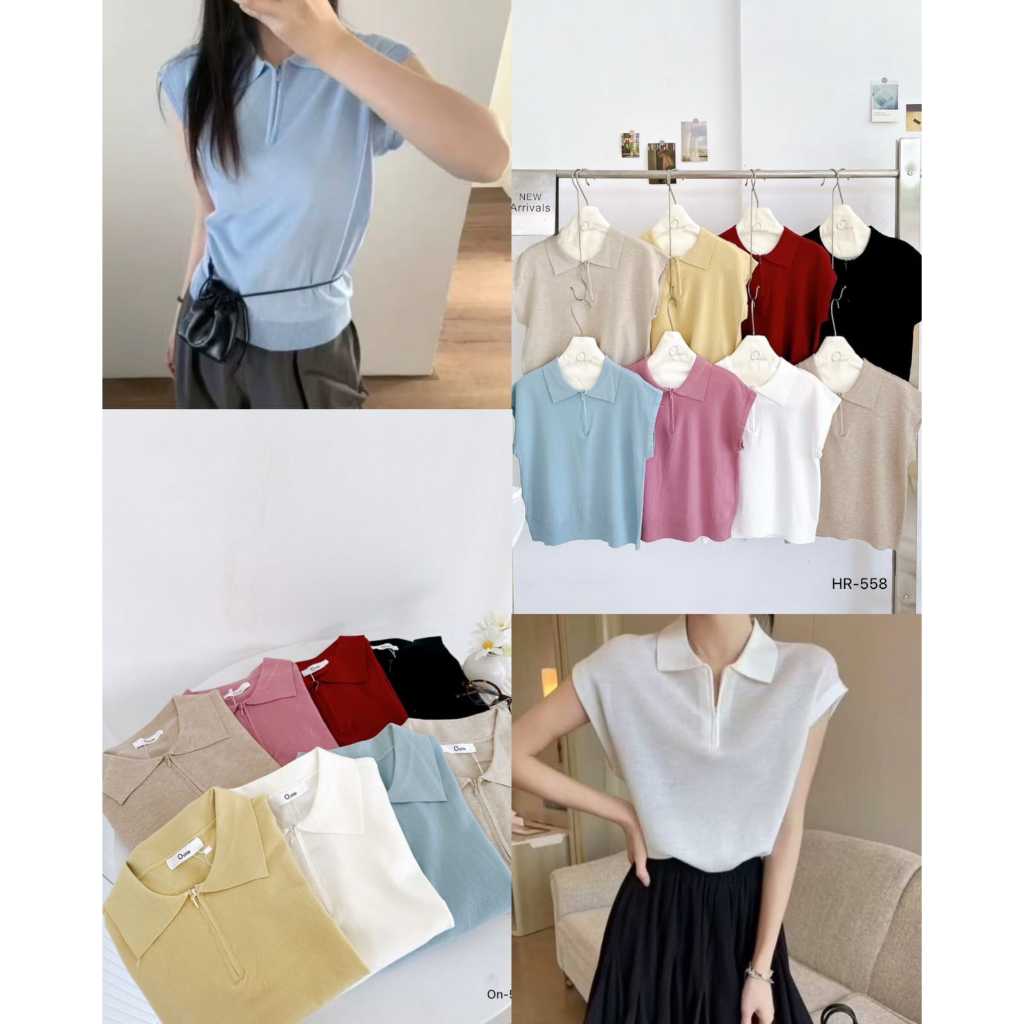 เสื้อถักคอปกซิปด้านหน้าธรรมดาของผู้หญิง | Top Knit Premium Zipper | HR-558 เสื้อถักคอปกธรรมดา