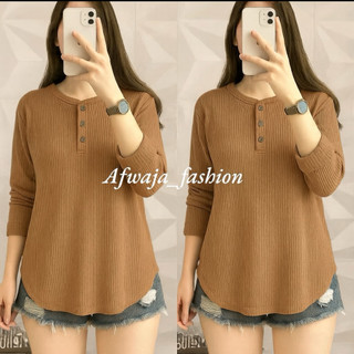 Kaos Wanita Kancing bahan Waffle/Atasan Wanita Lengan Panjang Waffel