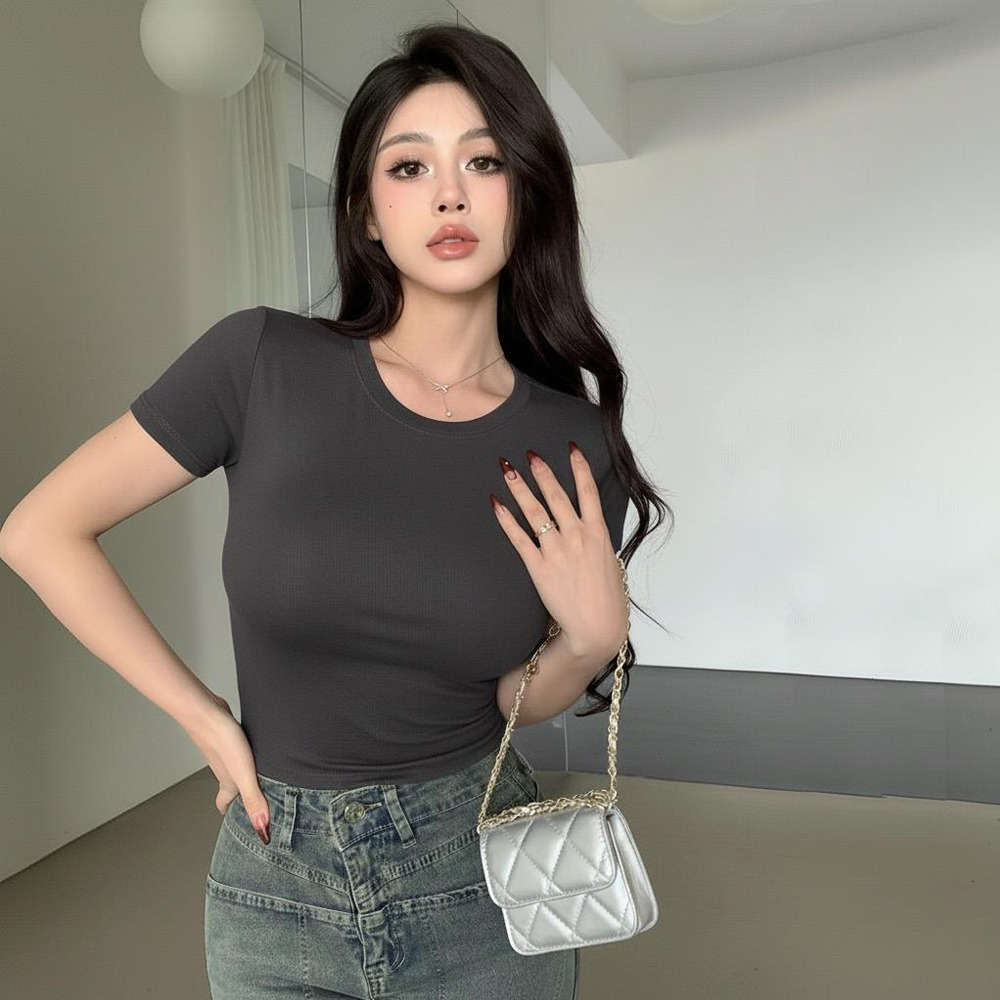 PLATINUM WORLD เสื้อครอปถักธรรมดา O คอ Fit Body - เสื้อเชิ้ตธรรมดาผู้หญิง G2