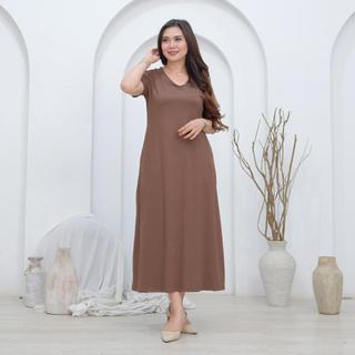 Midi Dress Polos Pocket Long Dress Spandek Rayon Bahan Nyaman Adem Lembut Gaun Panjang Wanita Casual