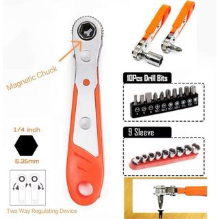 Obeng Ratchet 36 Gigi L-Shaped Bidirectional 1 set=1+10+9pcs Selongsong 5mm-13mm 1/4 Adaptor untuk Ruangan Kecil Sepeda Motor & Mobil