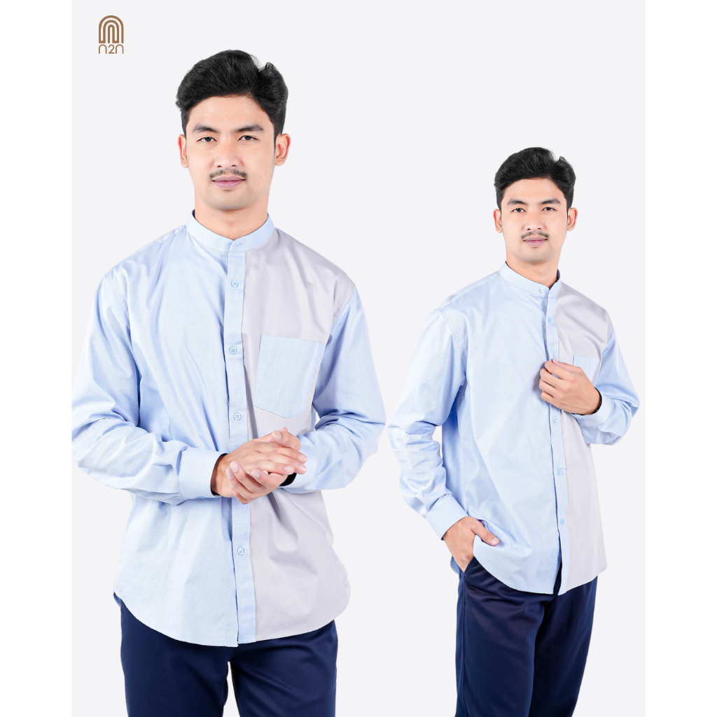 KEMEJA N2N - เสื้อเชิ้ตทํางานสํานักงานแขนยาวสีเทาสีน้ําเงินธรรมดาสําหรับผู้ชาย Ashan
