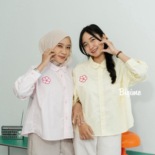 BIGIMO - Kemeja Boxi Bordir Motif Bunga - Crop Shirt - Atasan Wanita Croped Kekinian Katun Oversize Baju Panjang Cropped Casual Motif Bunga