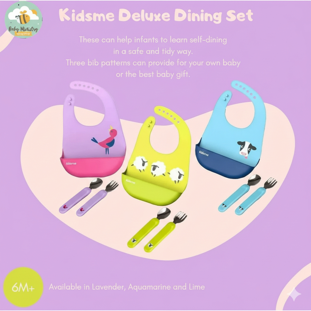KIDSME DELUXE DINING SET/ BABY EATING UTENSILS/ SILICONE BIB/ SPOONS AND FORKS