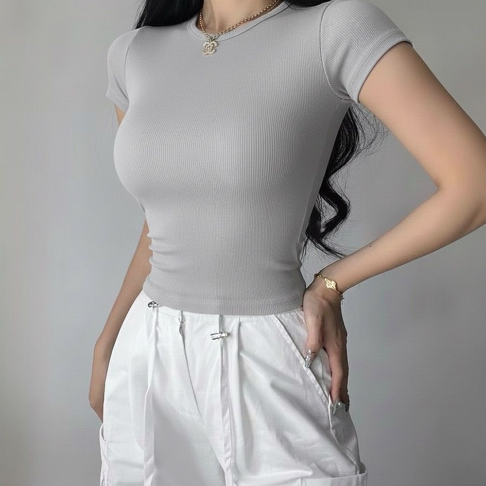 PLATINUM WORLD เสื้อครอปถักธรรมดา O คอ Fit Body - เสื้อเชิ้ตธรรมดาผู้หญิง V3