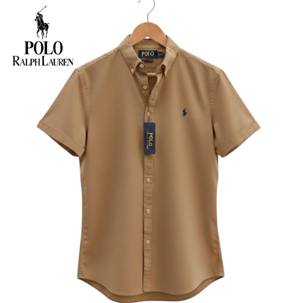 KEMEJA Polo Ralph Lauren เสื้อเชิ้ตแขนสั้นผู้ชายทรงเข้ารูปพร้อมงานปัก 3 มิติ