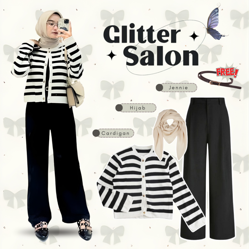 วัยรุ่นอินเทรนด์ One Set 4in1 คาร์ดิแกนลายทางถัก Jennie Knit Hijab Bella Square Belt - KA205