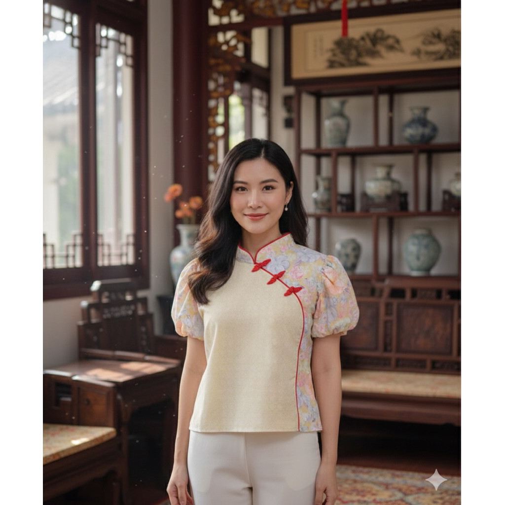 เสื้อท็อปเสื้อเบลาส์ตรุษจีน Qibao พร้อมคอปกเซี่ยงไฮ้ JUMBO