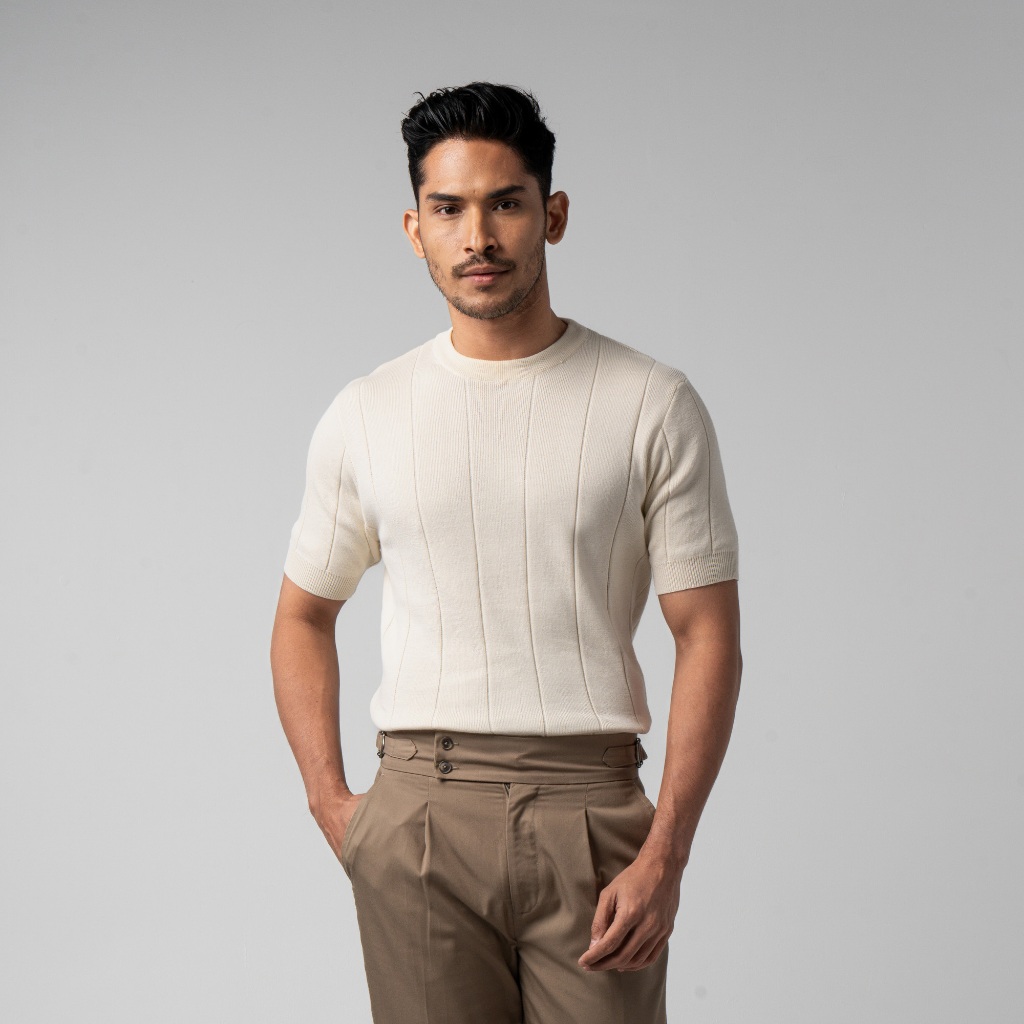 VENGOZ Premium Mens Striped Braided T-Shirt - Mens Striped Braided T-Shirt Cotton Off White SS