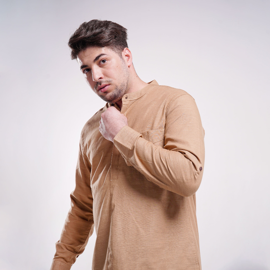 KEMEJA LUQMAN HAKIM Hizam สีเบจ | เสื้อเชิ้ต Kemko Mens Koko | เสื้อเชิ้ตผู้ชาย | ท็อปส์ซูของผู้ชาย 