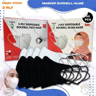 Masker Duckbil Hijab 3Ply isi 50Pcs Putih Hitam Abu White Black Grey Warna Duckbill Headloop Surgical Mask Kemenkes