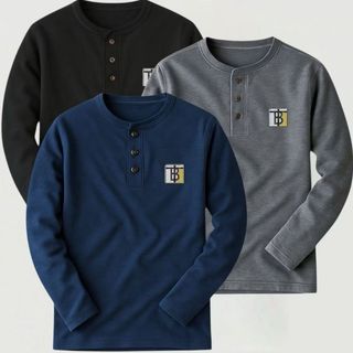 [PROMO] 3PCS Kaos Kancing Pria Lengan Panjang / Kaos Henley Sablon Pria Size M L XL