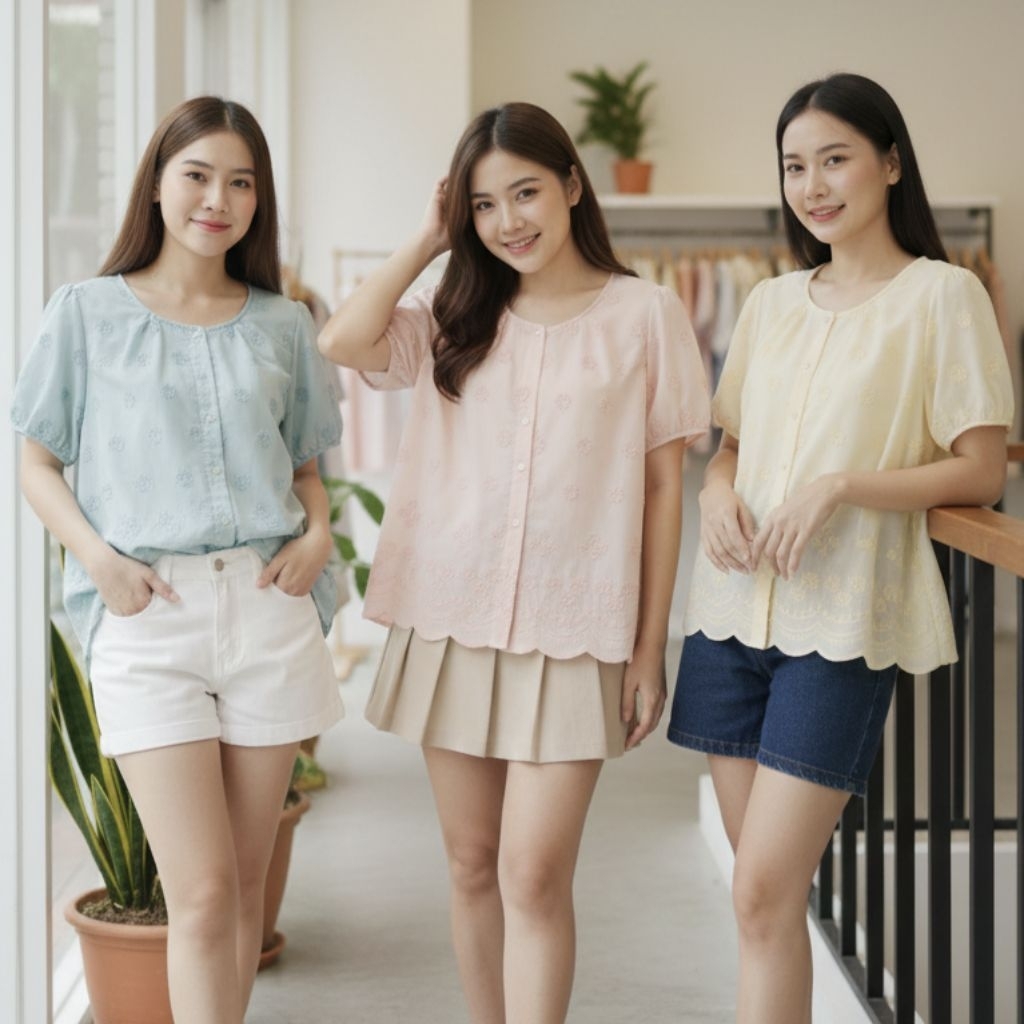 KATUN [READY] 100% BANGKOK 3D BUTTON BROCADE COTTON TOP FLOWER TOP BLOUSE KATBOL TATLONG TOP CLUB PU