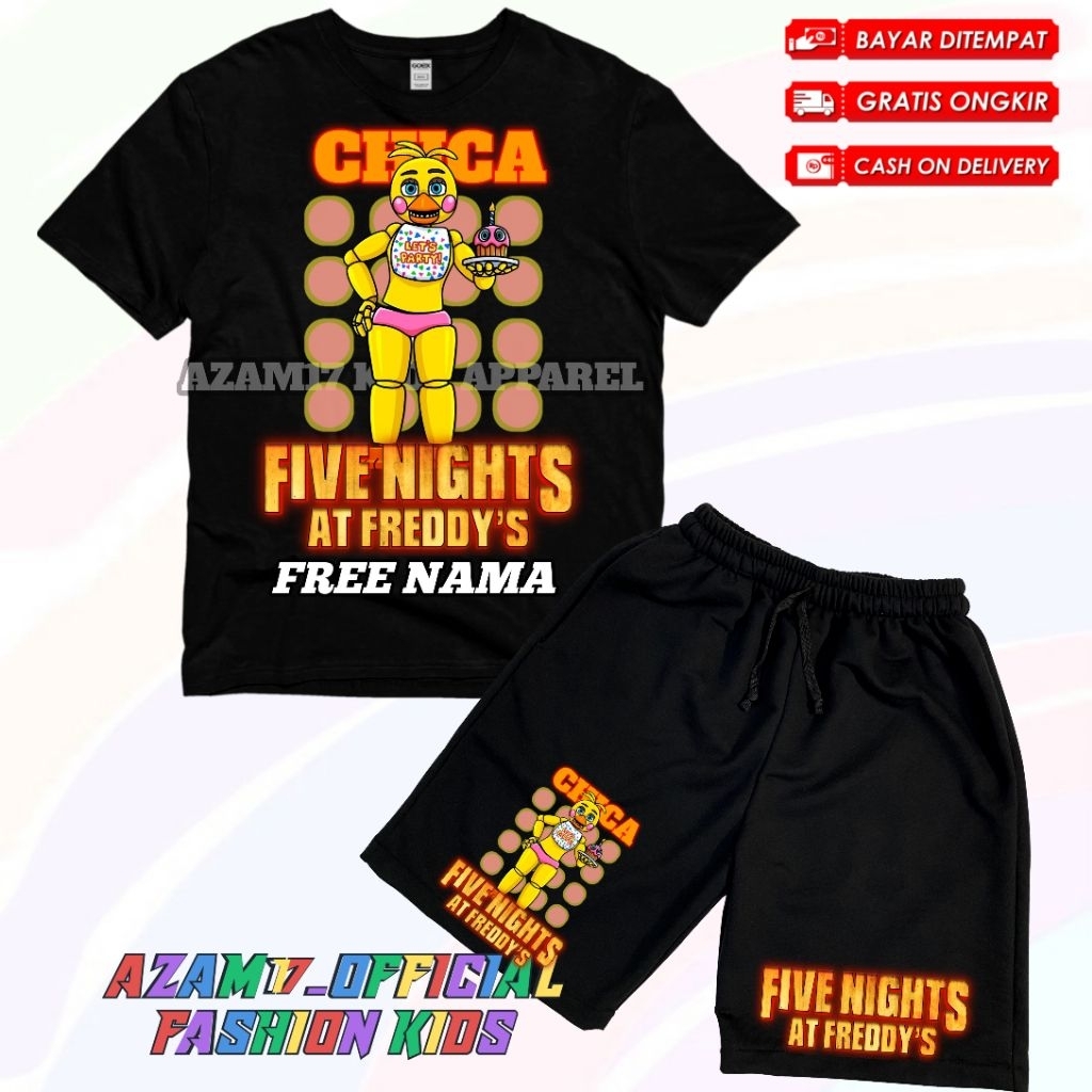 Five Night At Freddy Chica Kids เสื้อยืดและกางเกงขาสั้นชุดชื่อฟรี / Five Night At Freddy Chica Chara