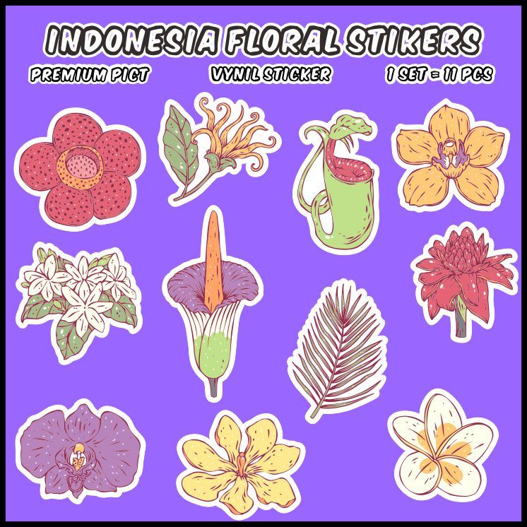 [1 แพ็ค] Stker ดอกไม้อินโดนีเซีย Typical เหมาะสําหรับของฝาก / สมุดภาพ - สติ๊กเกอร์ ddu-du