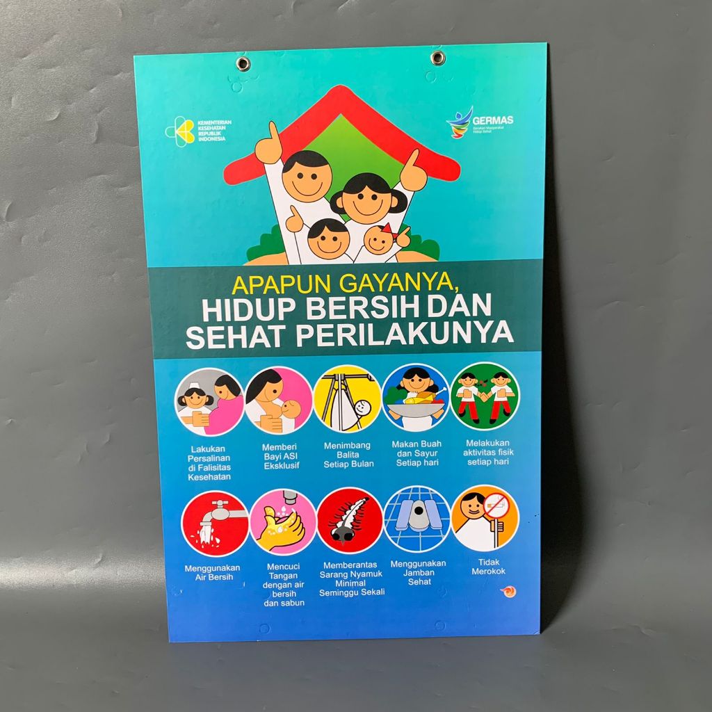 โปสเตอร์แข็ง PHBS ในครัวเรือน A3 - โปสเตอร์แขวนสไตล์ใด ๆ ทําความสะอาดและดีต่อสุขภาพ Living Beahavior