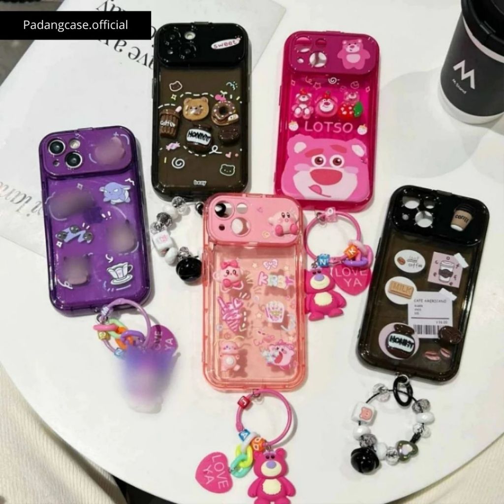 (Padangcase) Premium Case BEAR strawberry - Coffee OVAL FLIP MIRROR SHOCKPROOF CASE WITH CUTIE CHARM