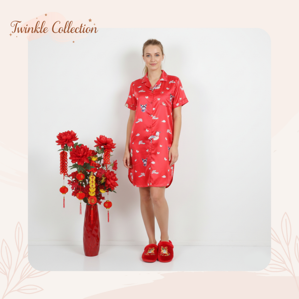 IMLEK EDITION - GREET NIGHT WEAR Womens Organic Silk Busui Friendly Collar Daster T-757 DK Red Editi