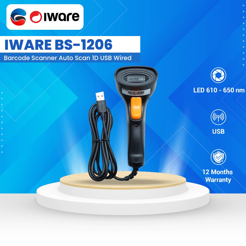 IWARE เครื่องสแกนบาร์โค้ด BS-1206 BS 1206 สแกนอัตโนมัติ 1D USB แบบมีสาย BS1206