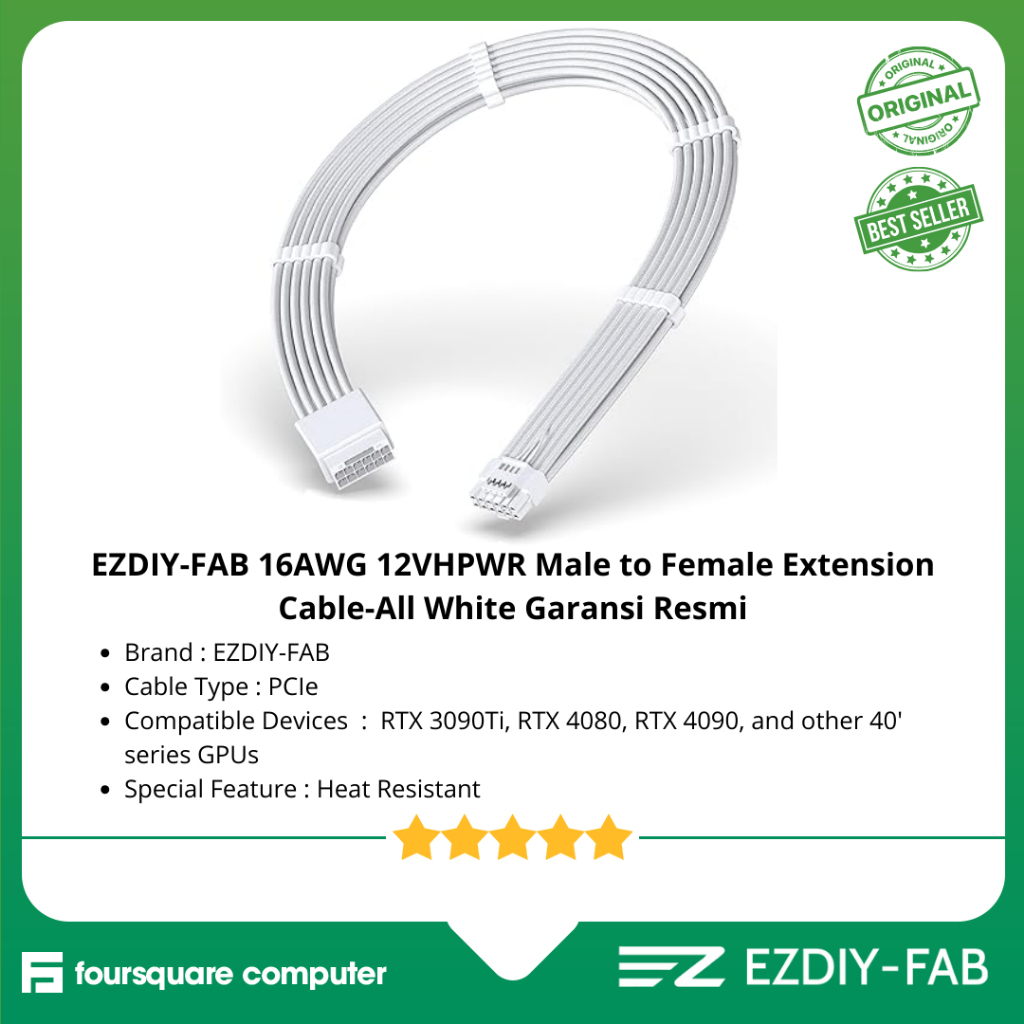 EZDIY-FAB 16AWG 12VHPWR สายต่อชายกับหญิง-การรับประกันอย่างเป็นทางการของสีขาวล้วน