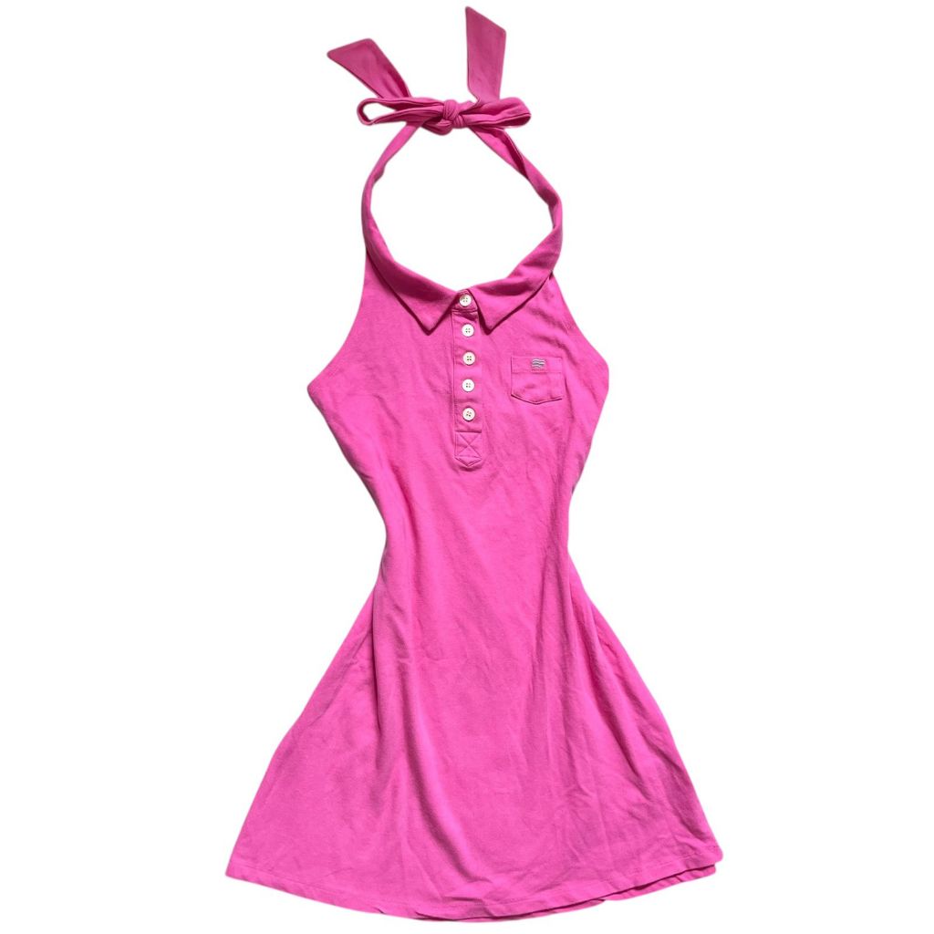 Polh*m มินิเดรสคอปกคล้องคอสีชมพูกระเป๋าโลโก้ขนาดเล็ก | Buttoned Vintage y2k เซ็กซี่ร้อน olega bodyfi