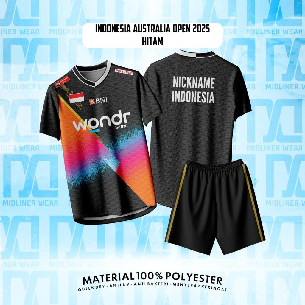 BADMINTON INDONESIA AUSTRALIA OPEN BLACK 2025 Dryfit เสื้อเด็กและผู้ใหญ่ – ชุดสูทแขนสั้นยาว/ชื่อที่ก