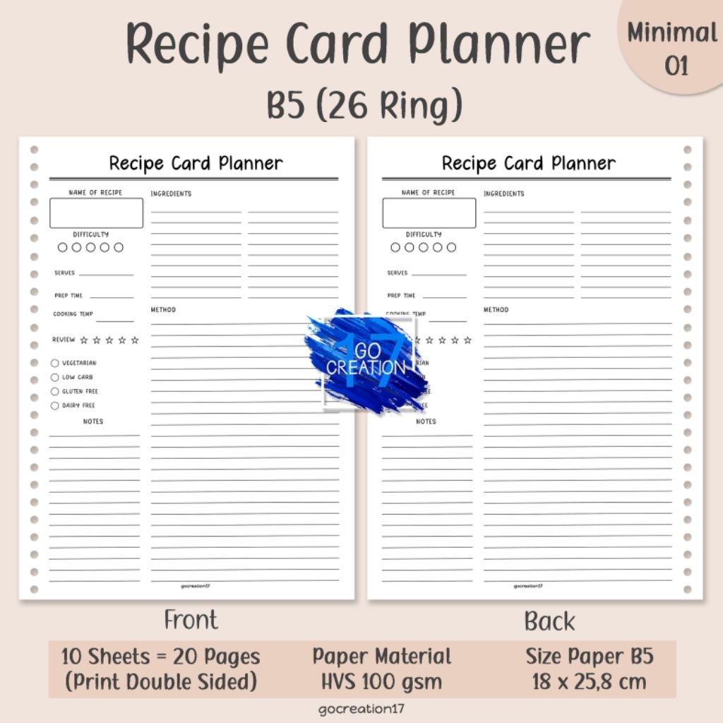 Simple Minimalist Binder Recipe Planner Paper B5