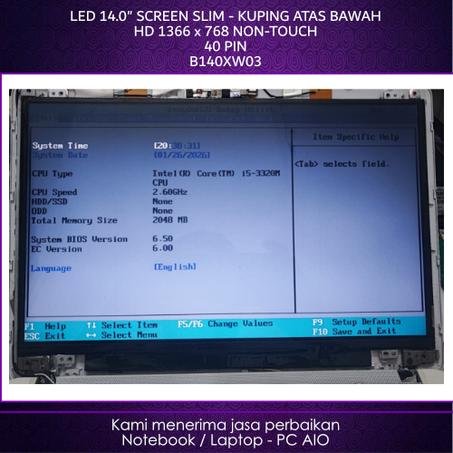LED LCD 14.0 B140XW03 Upper หู HD 1366x768 Slim 40pin p40 Non-Touch 2nd