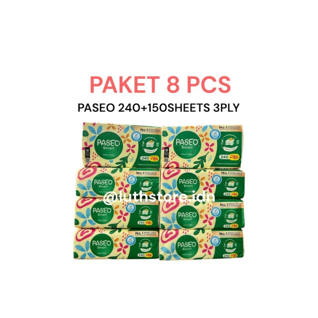 [8 ชิ้น] PASEO SMART FACIAL SOFT PACK 390PLY (240+150PLY) 3PLY FACIAL TISSUE