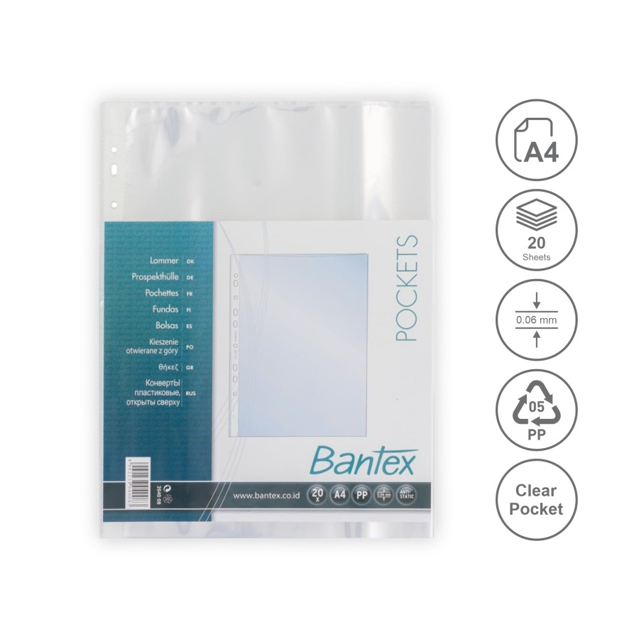 BANTEX PP Pocket File Sheet Protector 20 แผ่นโปร่งใส A4 BTX-8040