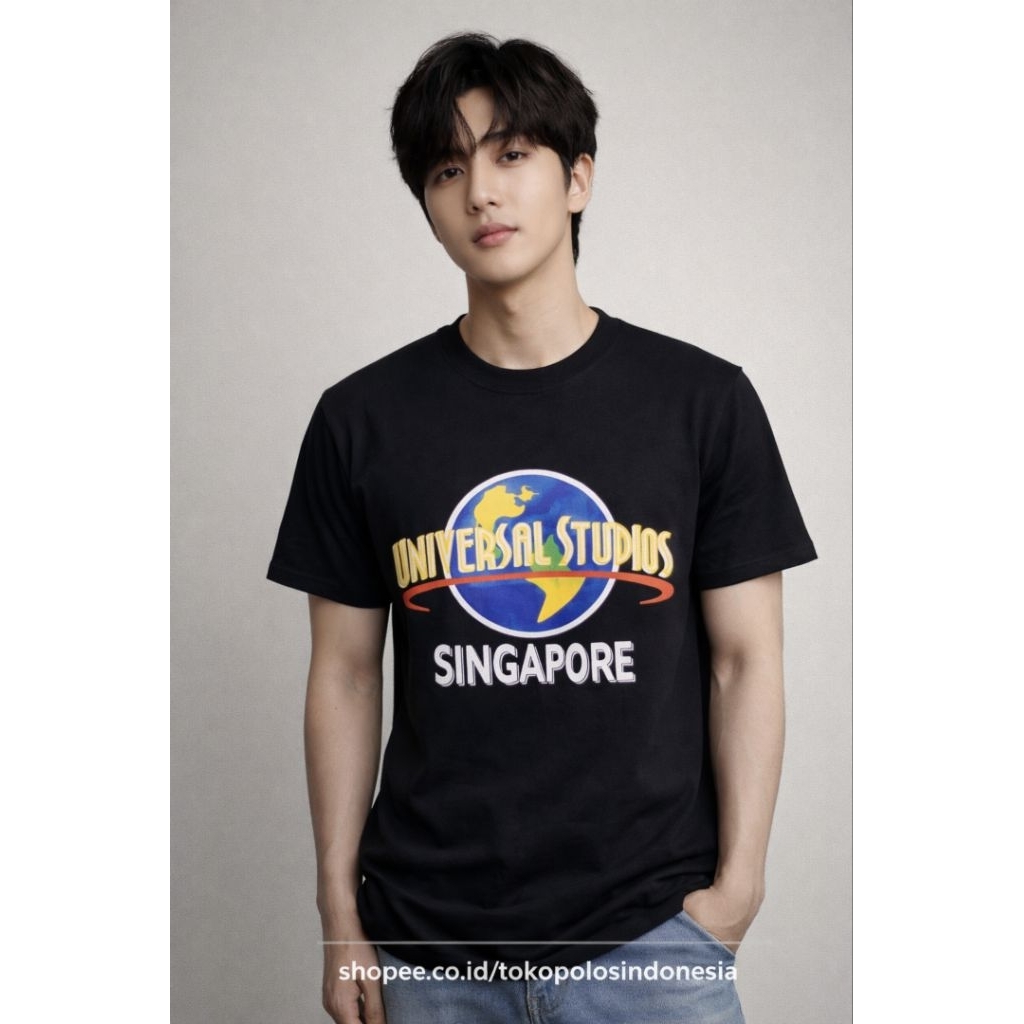 Universal Studios Singapore เสื้อยืดของที่ระลึกชายเสื้อยืดสีดําพร้อม Universal Studios การออกแบบโลโก