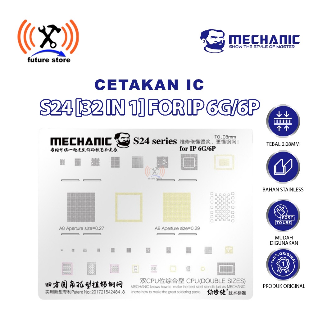 ไอซี MOLD IPHONE MECHANIC S24 0.08MM 32IN1 ORIGINAL - IC STENCIL MECHANIC S24 0.08MM IPHONE 6G 6P OR
