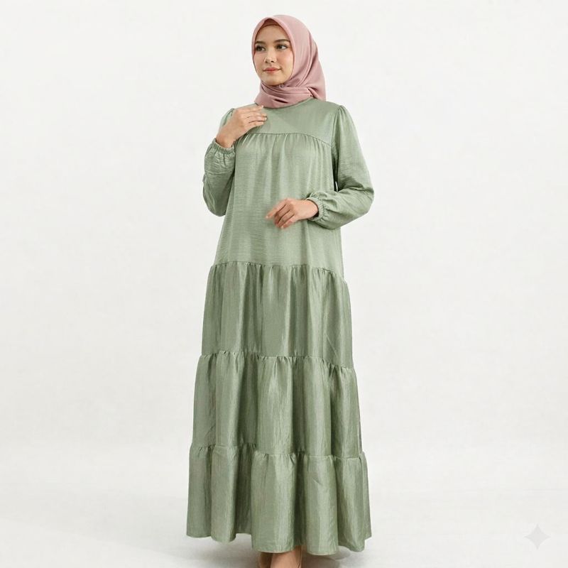 HIJAU Gamis Shine sage green Shimmer Silkธรรมดาแฟชั่นมุสลิมสําหรับผู้หญิงปาร์ตี้หรูหราผ้าซาตินเย้ายว