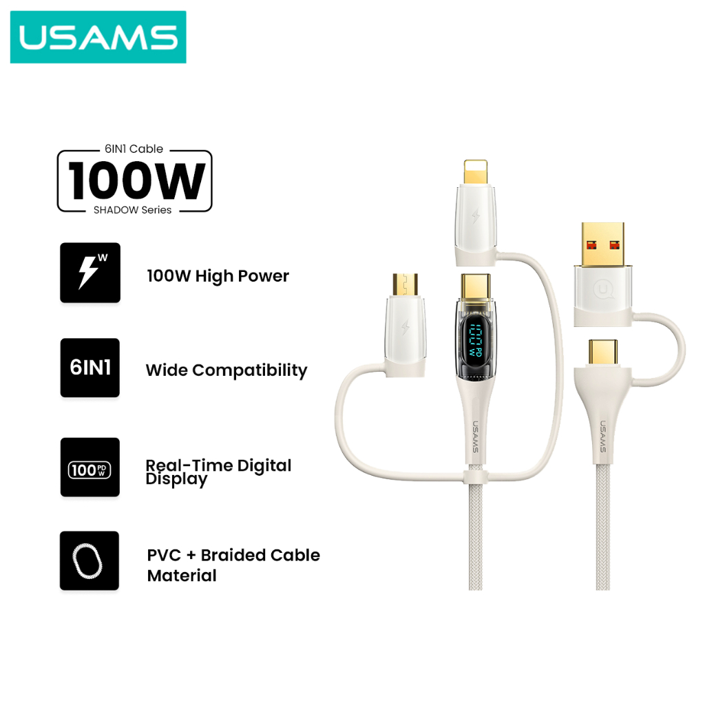 USAMS Shadow Series 100W 6-in-1 Fast Charging Data Cable A+C ถึง C+L+M